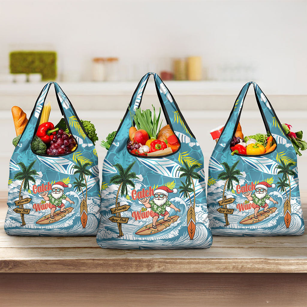 Hawaii Summer Christmas Grocery Bag Surfing Santa Shaka Catch The Wave