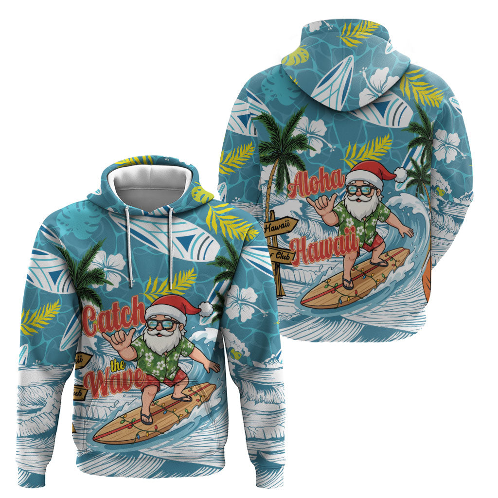 Hawaii Summer Christmas Hoodie Surfing Santa Shaka Catch The Wave