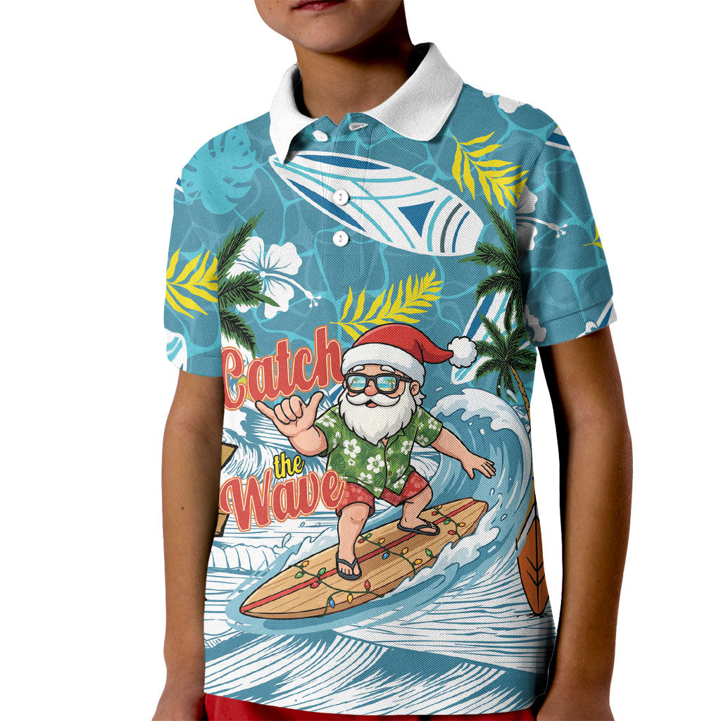 Hawaii Summer Christmas Kid Polo Shirt Surfing Santa Shaka Catch The Wave LT14 Kid Teal - Polynesian Pride