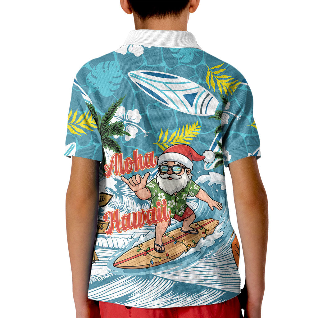 Hawaii Summer Christmas Kid Polo Shirt Surfing Santa Shaka Catch The Wave