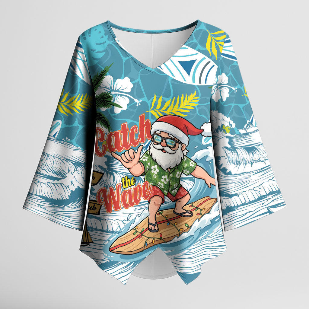 Hawaii Summer Christmas Kimono Sleeve Blouse Surfing Santa Shaka Catch The Wave LT14 Female Teal - Polynesian Pride