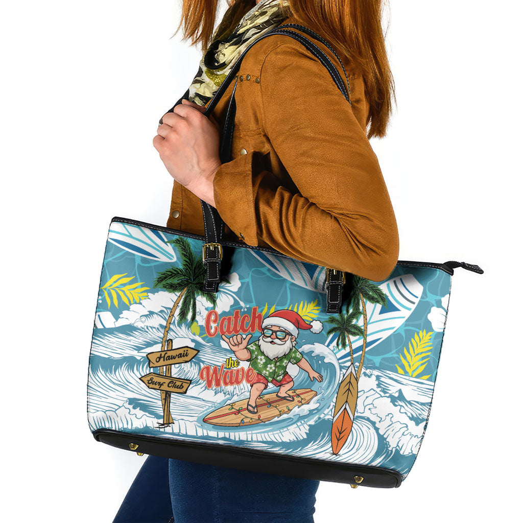 Hawaii Summer Christmas Leather Tote Bag Surfing Santa Shaka Catch The Wave LT14 Teal - Polynesian Pride