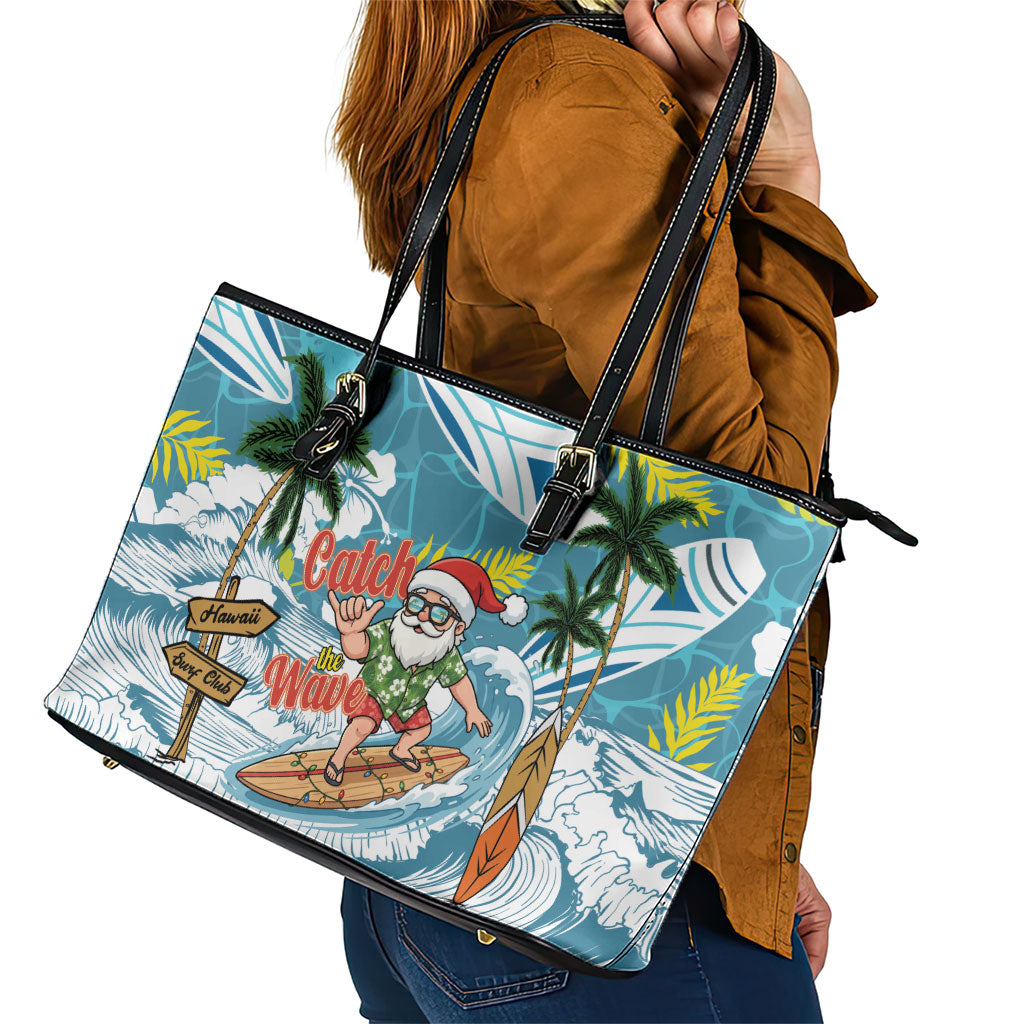 Hawaii Summer Christmas Leather Tote Bag Surfing Santa Shaka Catch The Wave