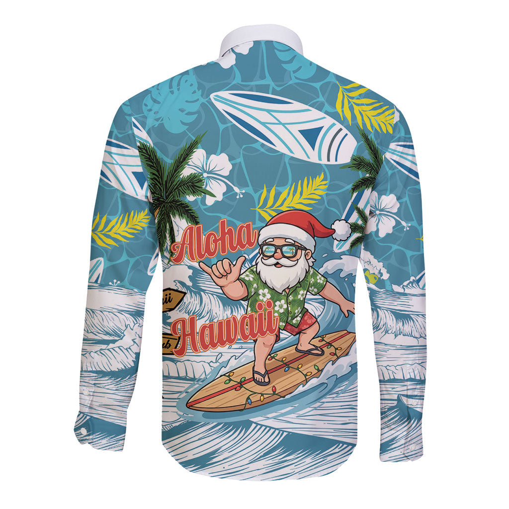 Hawaii Summer Christmas Long Sleeve Button Shirt Surfing Santa Shaka Catch The Wave