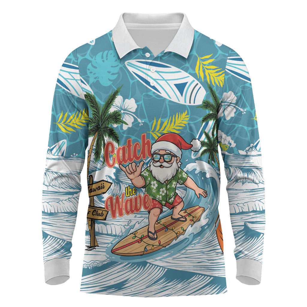 Hawaii Summer Christmas Long Sleeve Polo Shirt Surfing Santa Shaka Catch The Wave LT14 Teal - Polynesian Pride