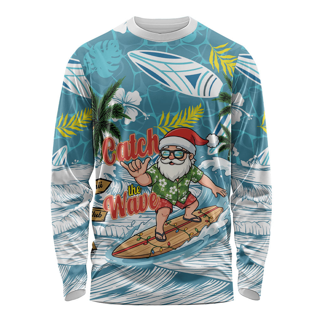 Hawaii Summer Christmas Long Sleeve Shirt Surfing Santa Shaka Catch The Wave LT14 Unisex Teal - Polynesian Pride