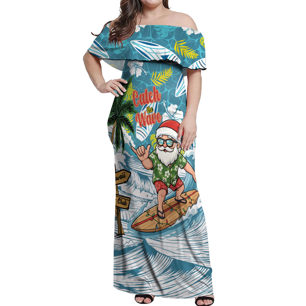 Hawaii Summer Christmas Off Shoulder Maxi Dress Surfing Santa Shaka Catch The Wave LT14 Women Teal - Polynesian Pride