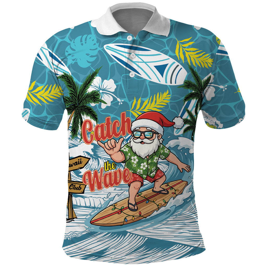 Hawaii Summer Christmas Polo Shirt Surfing Santa Shaka Catch The Wave LT14 Teal - Polynesian Pride
