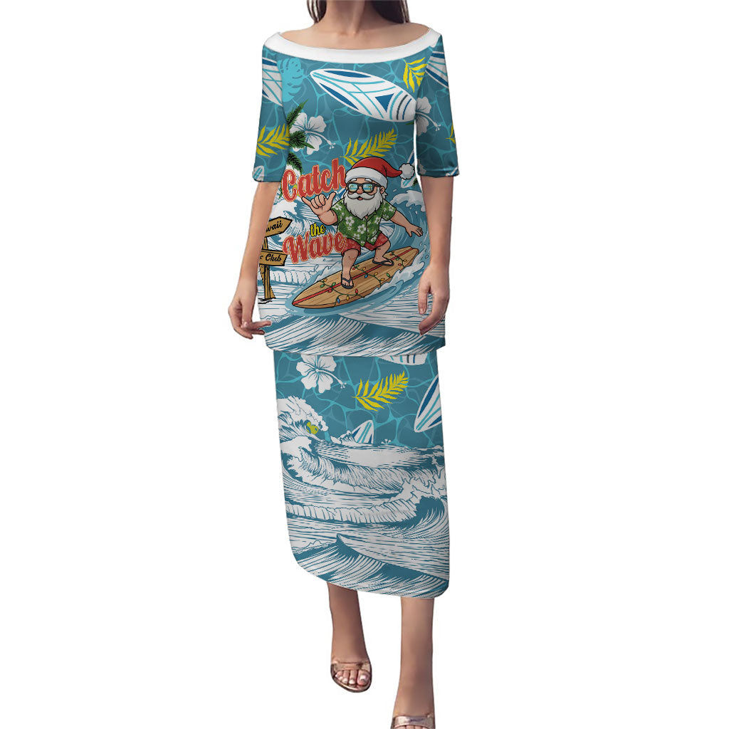 Hawaii Summer Christmas Puletasi Surfing Santa Shaka Catch The Wave LT14 Long Dress Teal - Polynesian Pride