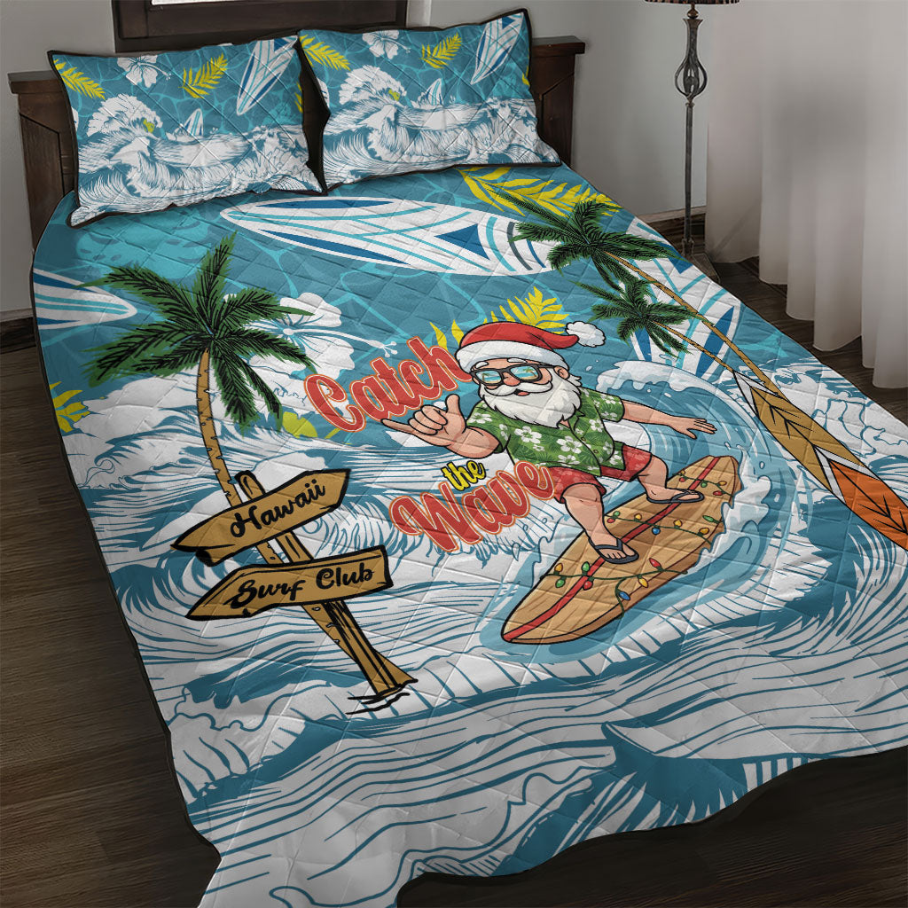 Hawaii Summer Christmas Quilt Bed Set Surfing Santa Shaka Catch The Wave LT14 Teal - Polynesian Pride