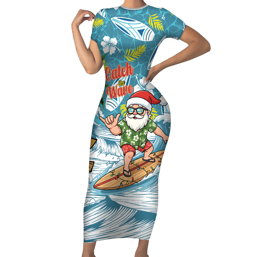 Hawaii Summer Christmas Short Sleeve Bodycon Dress Surfing Santa Shaka Catch The Wave LT14 Long Dress Teal - Polynesian Pride