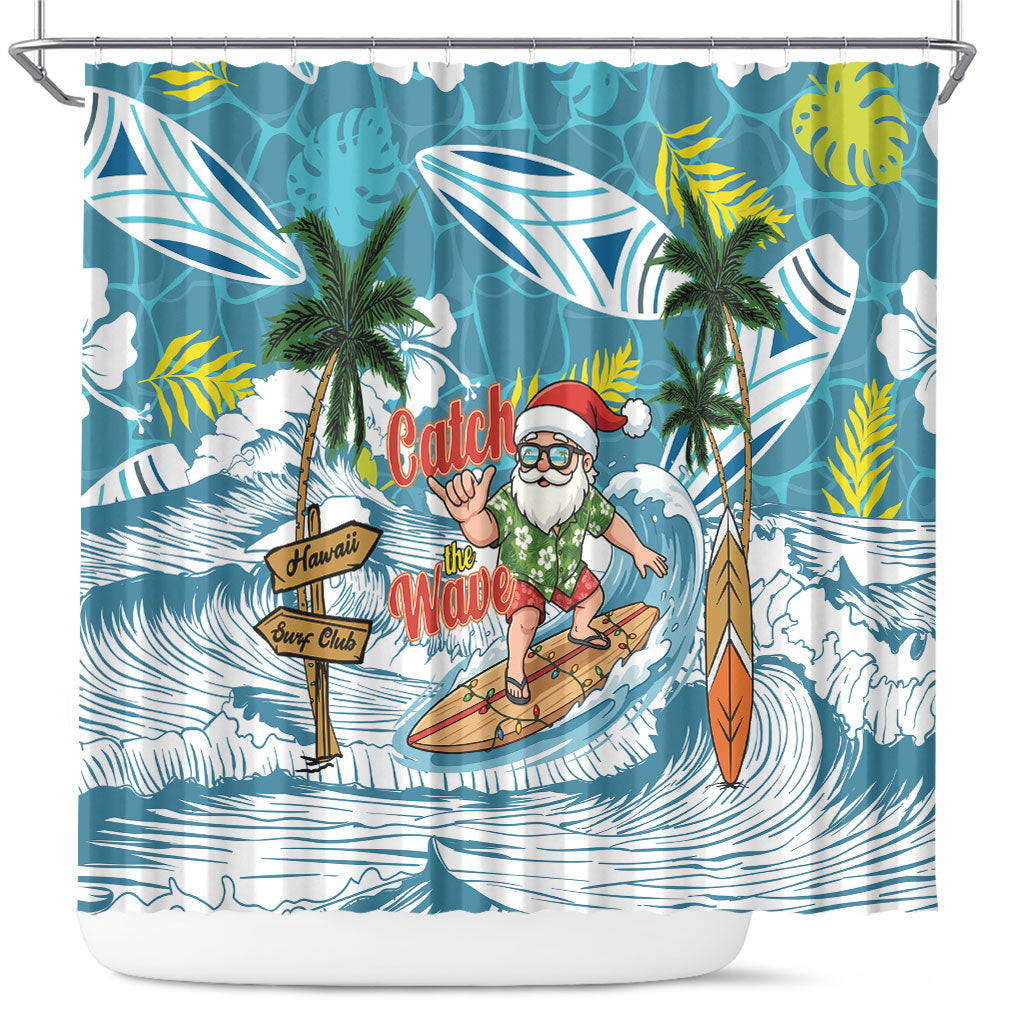Hawaii Summer Christmas Shower Curtain Surfing Santa Shaka Catch The Wave LT14 Teal - Polynesian Pride