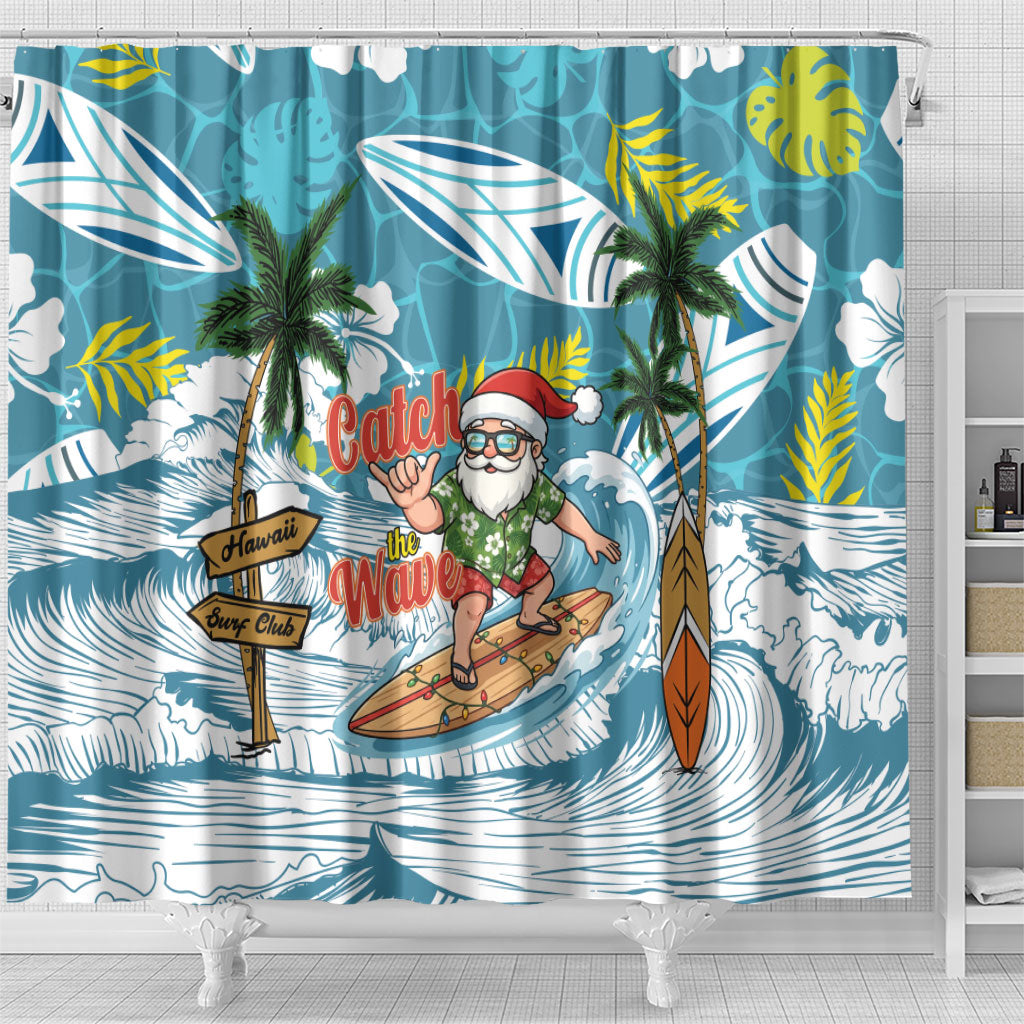 Hawaii Summer Christmas Shower Curtain Surfing Santa Shaka Catch The Wave