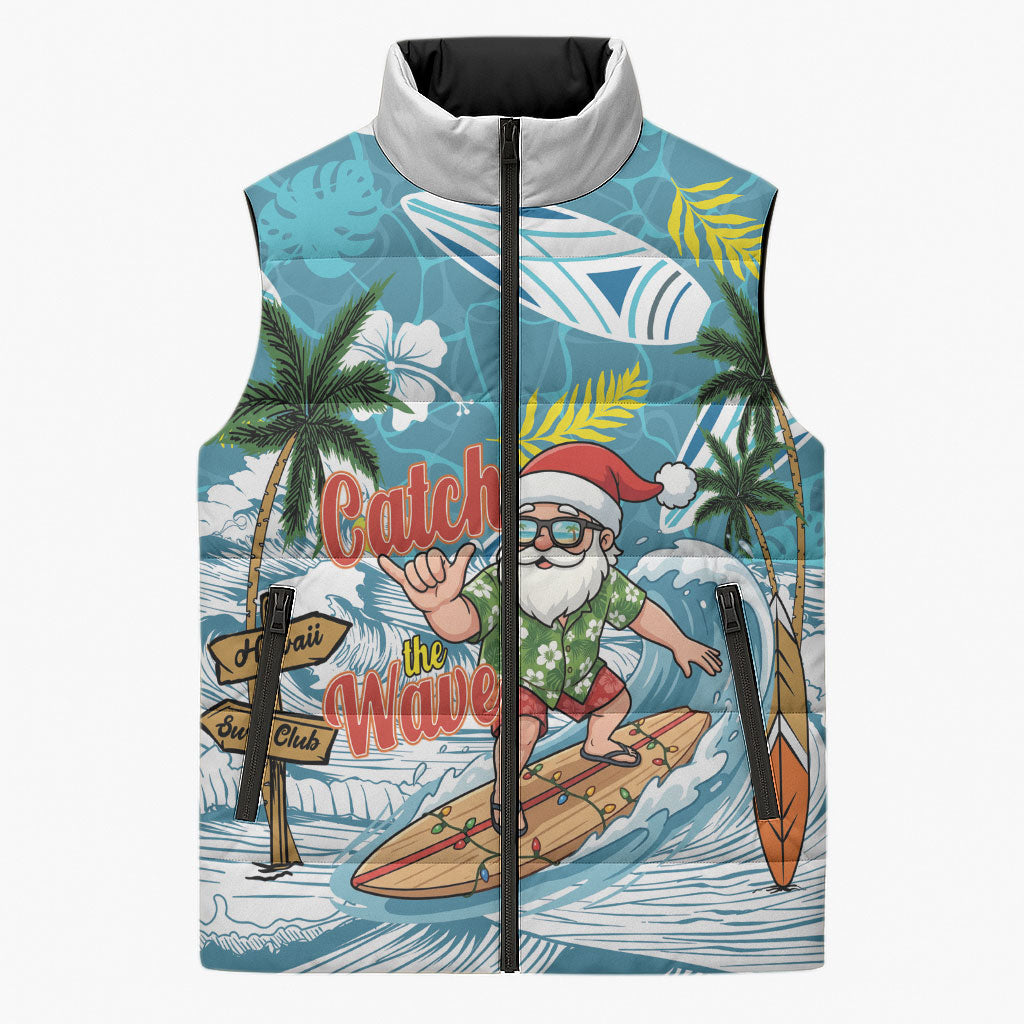Hawaii Summer Christmas Sleeveless Puffer Jacket Surfing Santa Shaka Catch The Wave