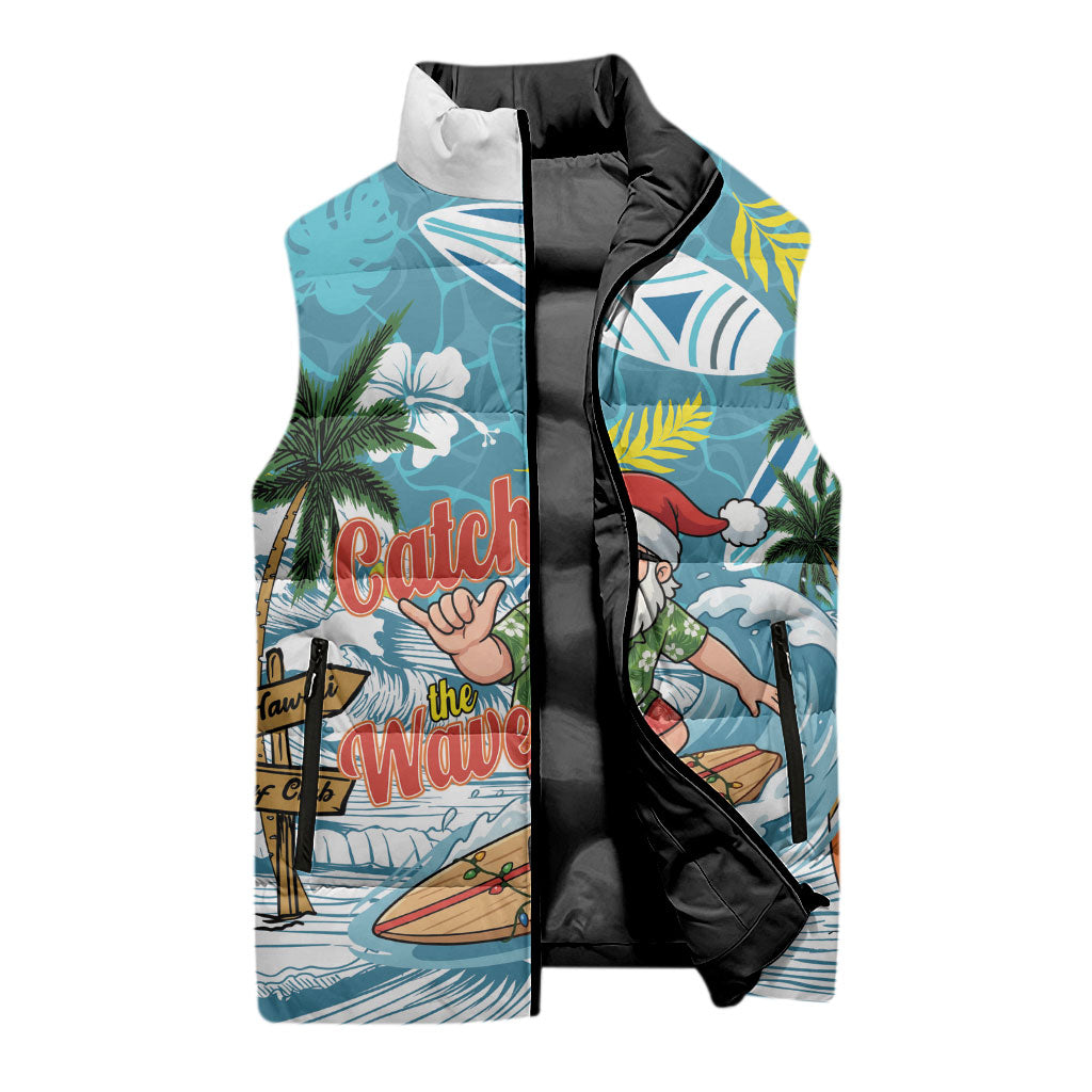 Hawaii Summer Christmas Sleeveless Puffer Jacket Surfing Santa Shaka Catch The Wave