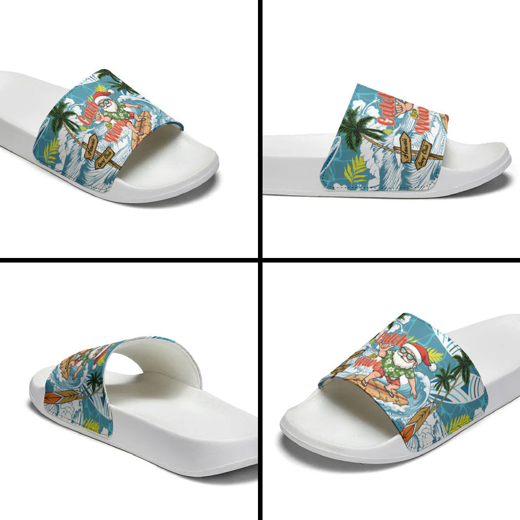 Hawaii Summer Christmas Slide Sandals Surfing Santa Shaka Catch The Wave