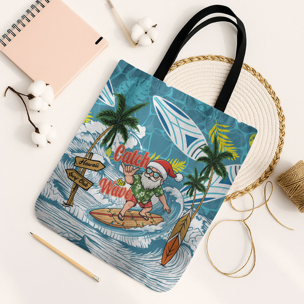 Hawaii Summer Christmas Tote Bag Surfing Santa Shaka Catch The Wave LT14 Black Strap One Size Teal - Polynesian Pride