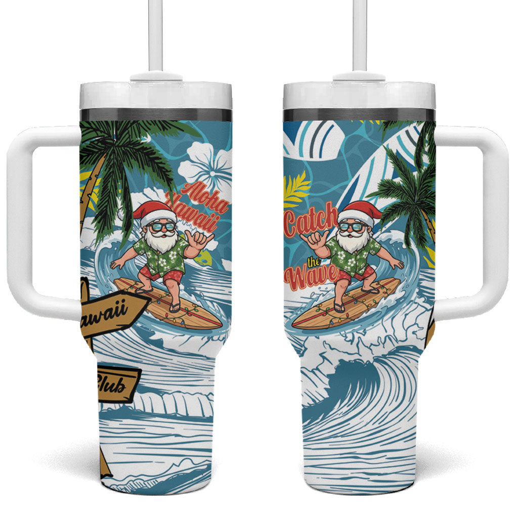 Hawaii Summer Christmas Tumbler With Handle Surfing Santa Shaka Catch The Wave LT14 One Size: 40 oz Teal - Polynesian Pride