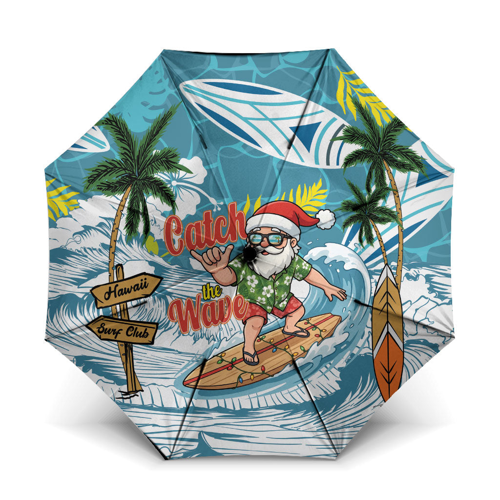 Hawaii Summer Christmas Umbrella Surfing Santa Shaka Catch The Wave LT14 One Size Folded 11.42 inch Opened Diameter 37.4 inch Teal - Polynesian Pride