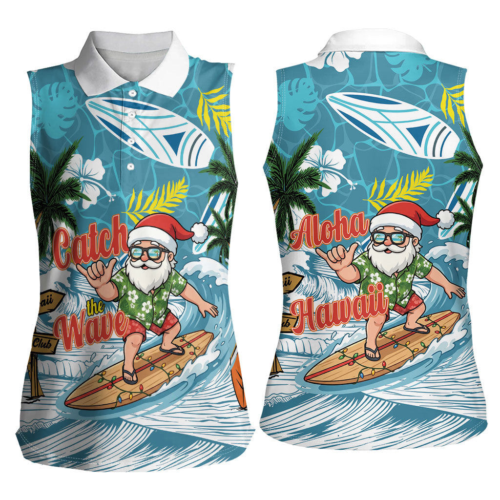 Hawaii Summer Christmas Women Sleeveless Polo Shirt Surfing Santa Shaka Catch The Wave