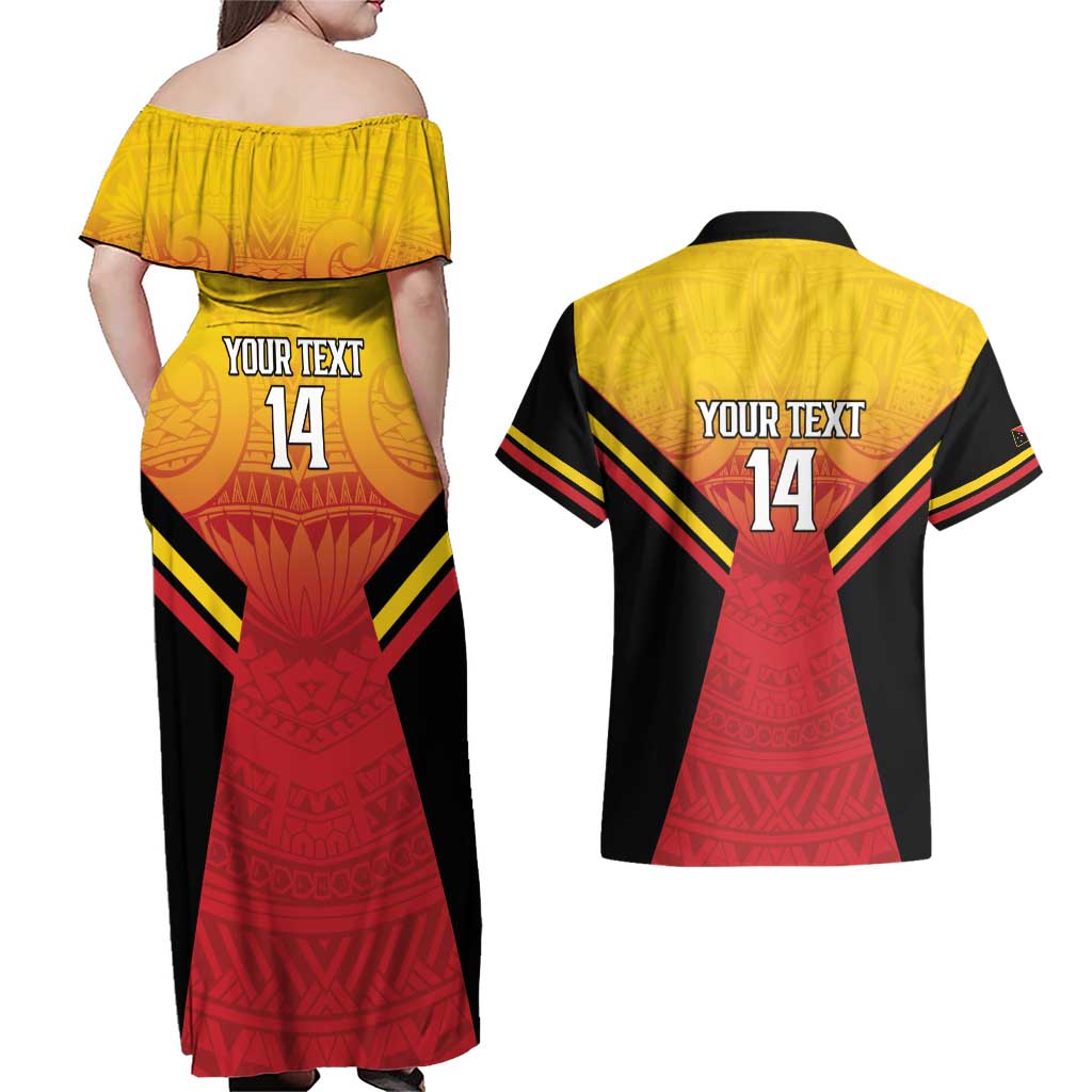 Papua New Guinea Rugby Custom Couples Matching Off Shoulder Maxi Dress and Hawaiian Shirt Go PNG Hunters Polynesian Pattern - Polynesian Pride
