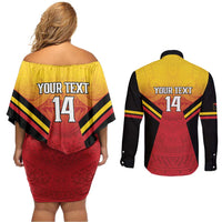 Papua New Guinea Rugby Custom Couples Matching Off Shoulder Short Dress and Long Sleeve Button Shirt Go PNG Hunters Polynesian Pattern - Polynesian Pride