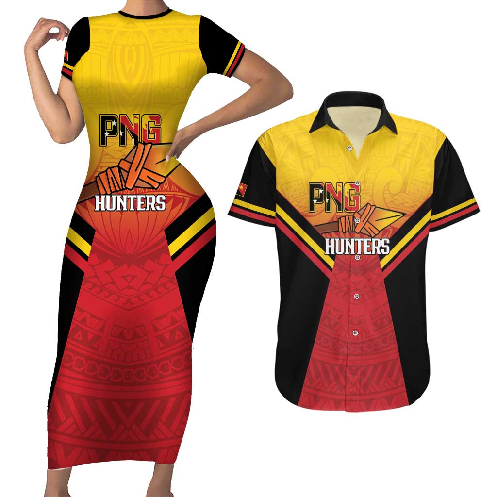 Papua New Guinea Rugby Custom Couples Matching Short Sleeve Bodycon Dress and Hawaiian Shirt Go PNG Hunters Polynesian Pattern - Polynesian Pride