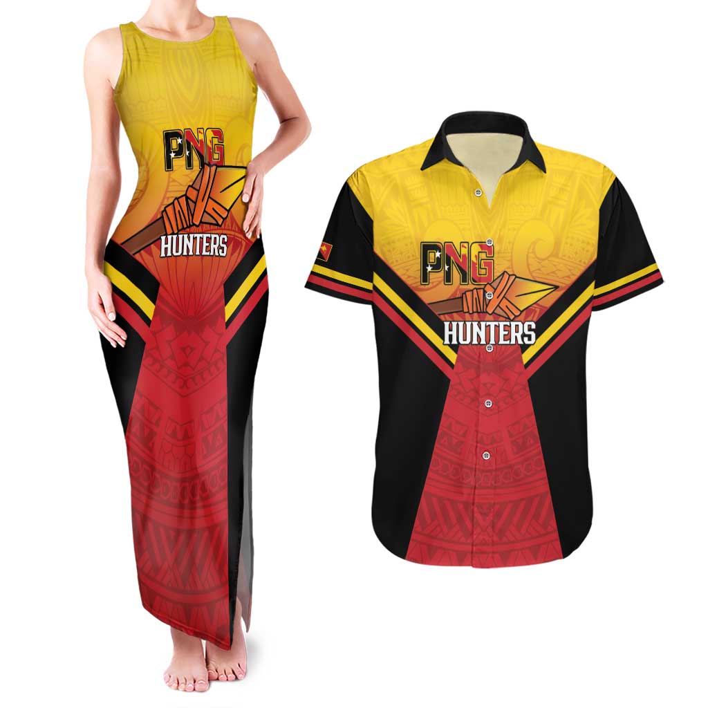 Papua New Guinea Rugby Custom Couples Matching Tank Maxi Dress and Hawaiian Shirt Go PNG Hunters Polynesian Pattern - Polynesian Pride