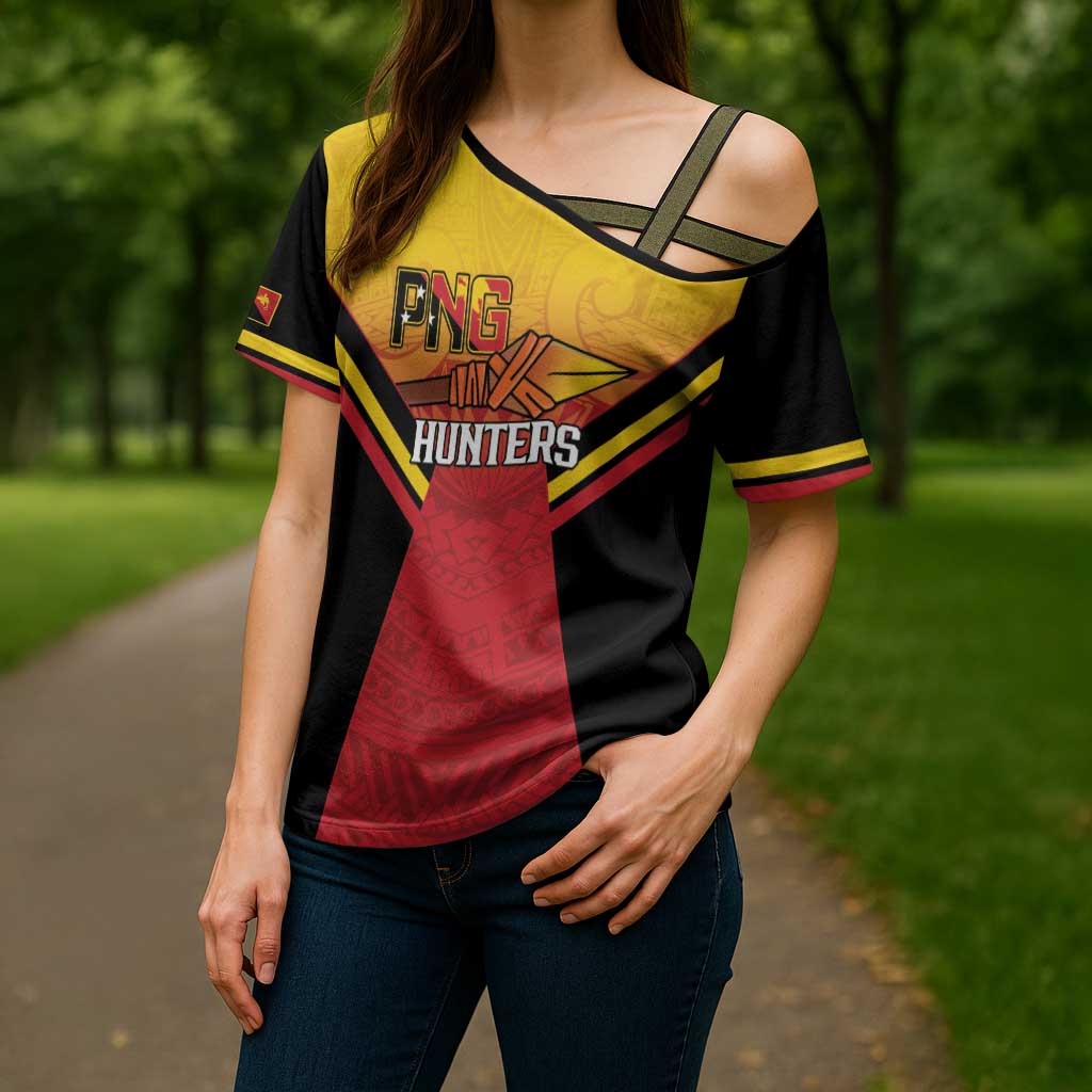 Papua New Guinea Rugby Custom Cross Shoulder Shirt Go PNG Hunters Polynesian Pattern - Polynesian Pride