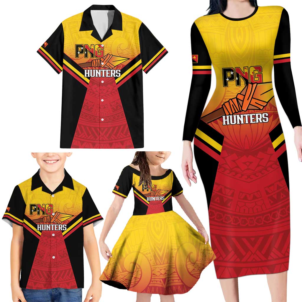 Papua New Guinea Rugby Custom Family Matching Long Sleeve Bodycon Dress and Hawaiian Shirt Go PNG Hunters Polynesian Pattern - Polynesian Pride