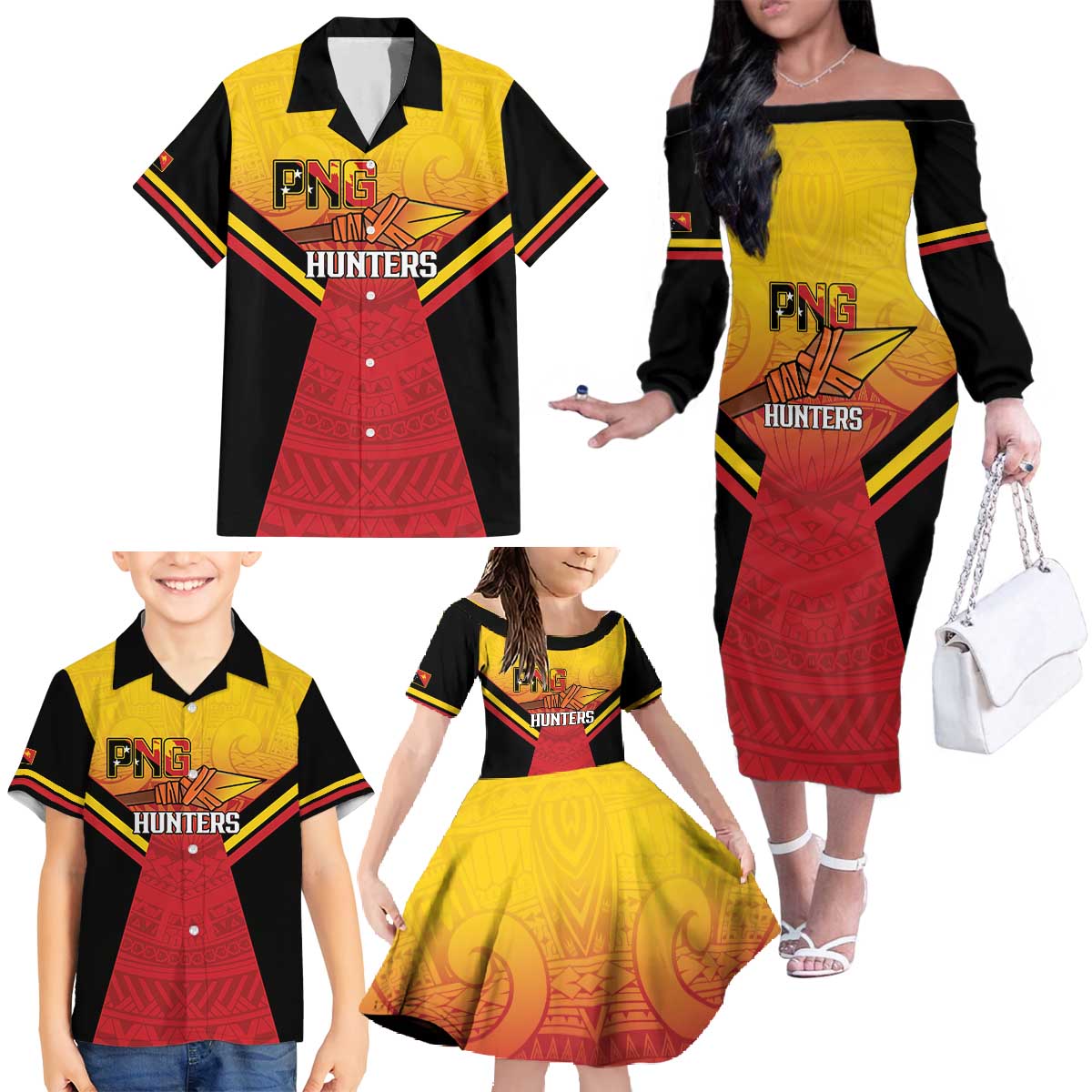 Papua New Guinea Rugby Custom Family Matching Off The Shoulder Long Sleeve Dress and Hawaiian Shirt Go PNG Hunters Polynesian Pattern - Polynesian Pride