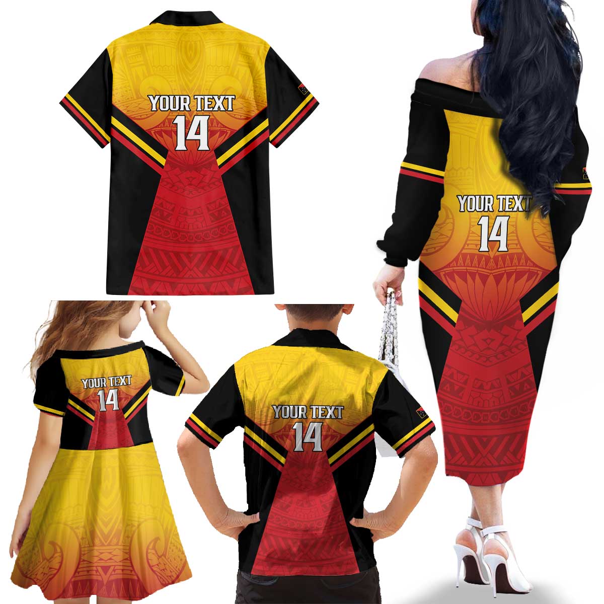 Papua New Guinea Rugby Custom Family Matching Off The Shoulder Long Sleeve Dress and Hawaiian Shirt Go PNG Hunters Polynesian Pattern - Polynesian Pride