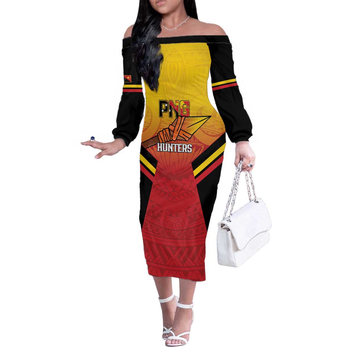 Papua New Guinea Rugby Custom Family Matching Off The Shoulder Long Sleeve Dress and Hawaiian Shirt Go PNG Hunters Polynesian Pattern - Polynesian Pride