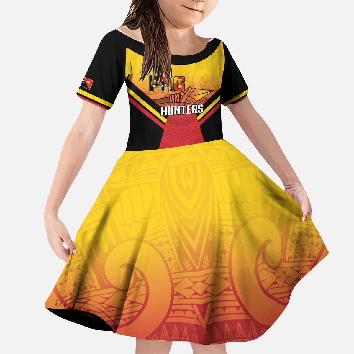 Papua New Guinea Rugby Custom Kid Short Sleeve Dress Go PNG Hunters Polynesian Pattern LT14 KID Red - Polynesian Pride