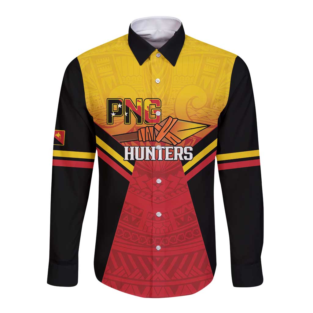Papua New Guinea Rugby Custom Long Sleeve Button Shirt Go PNG Hunters Polynesian Pattern LT14 Unisex Red - Polynesian Pride