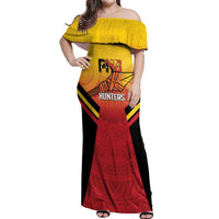 Papua New Guinea Rugby Custom Off Shoulder Maxi Dress Go PNG Hunters Polynesian Pattern - Polynesian Pride