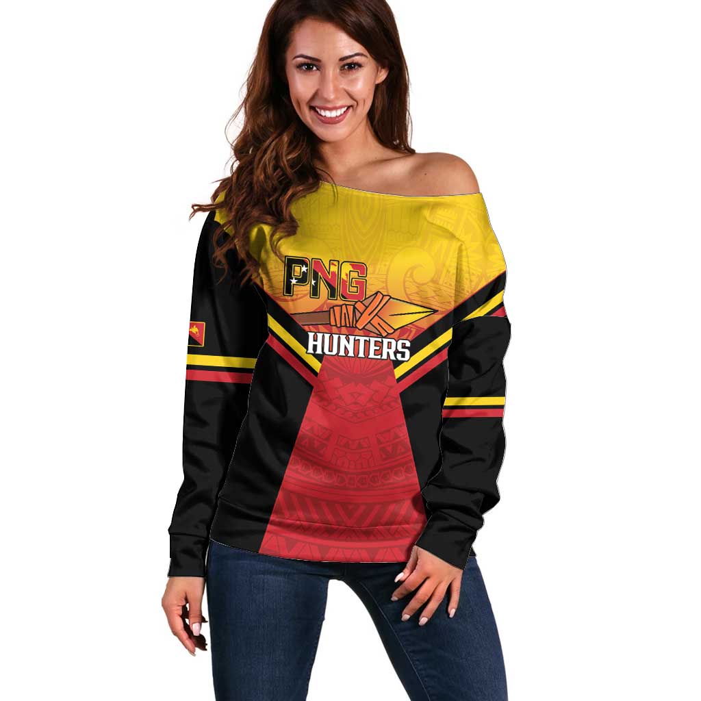 Papua New Guinea Rugby Custom Off Shoulder Sweater Go PNG Hunters Polynesian Pattern - Polynesian Pride