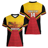 Papua New Guinea Rugby Custom Women V-Neck T-Shirt Go PNG Hunters Polynesian Pattern - Polynesian Pride