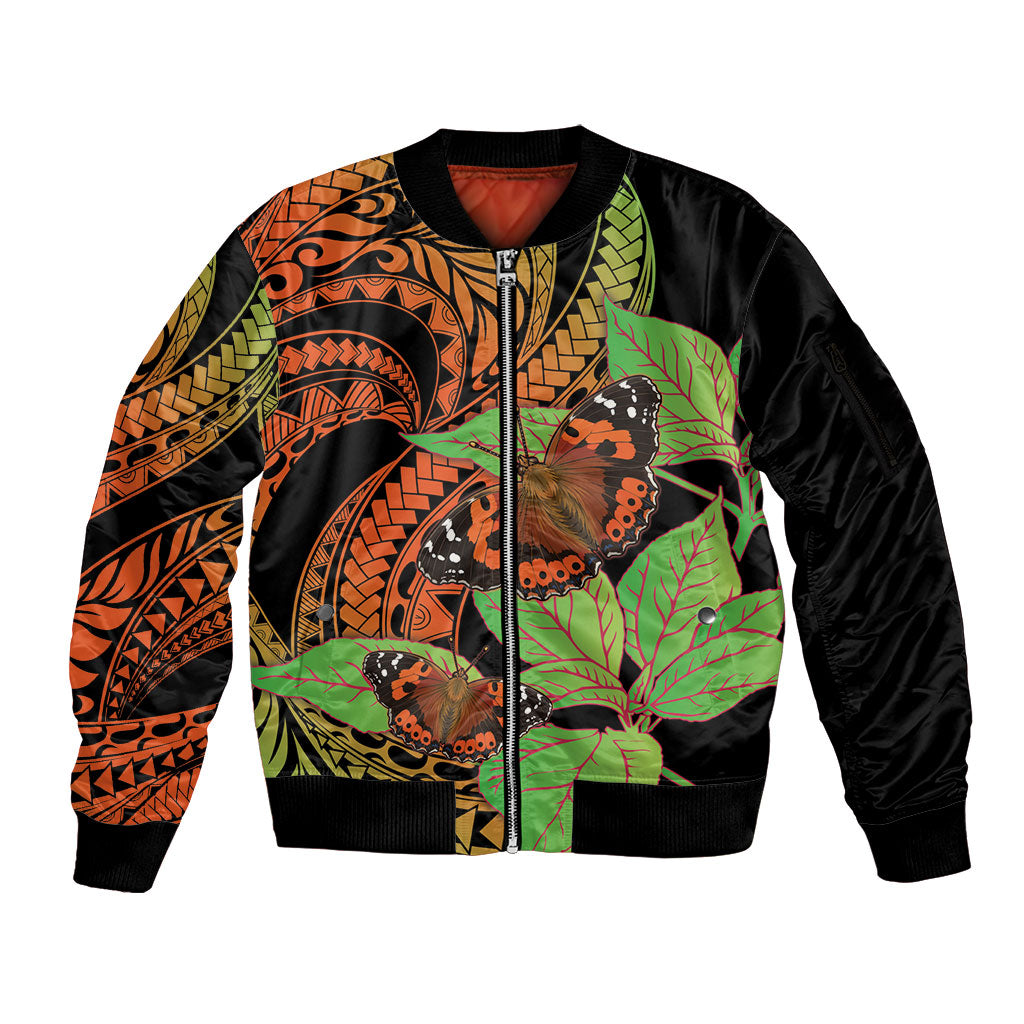 Kamehameha Butterfly Hawaii Sleeve Zip Bomber Jacket Hawaiian Pulelehua Mamaki Orange Green Color