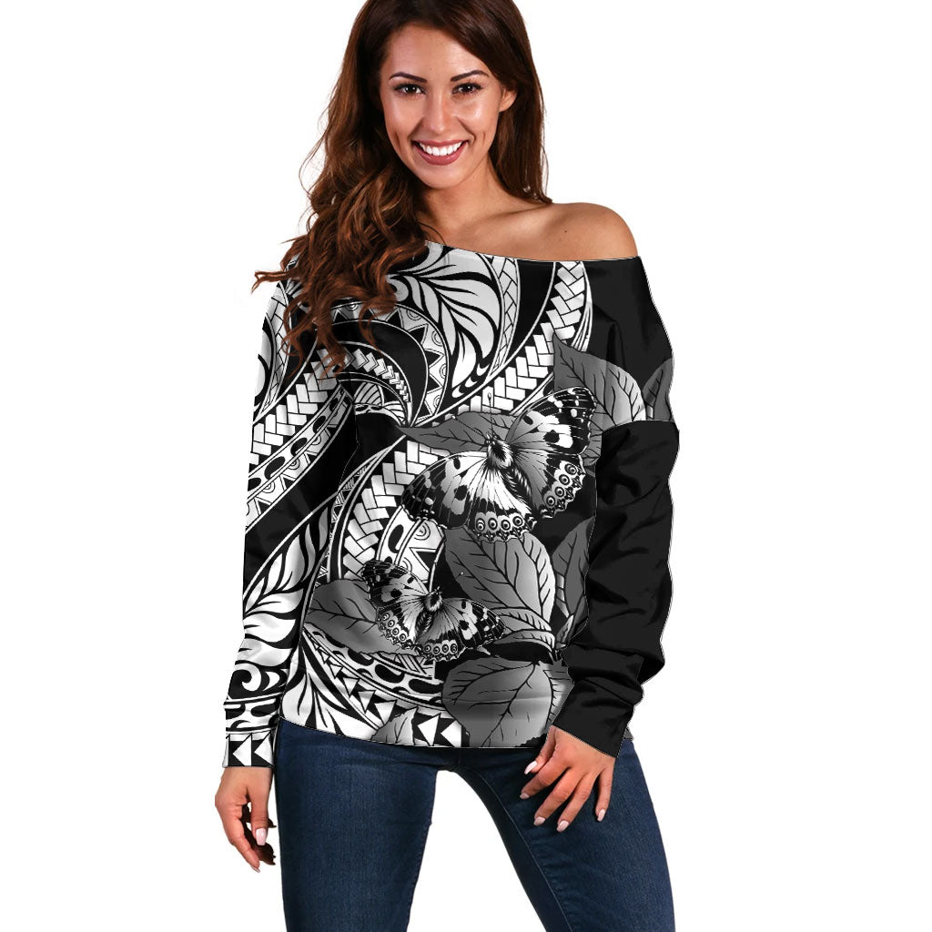 Kamehameha Butterfly Hawaii Off Shoulder Sweater Hawaiian Pulelehua Mamaki Black Color