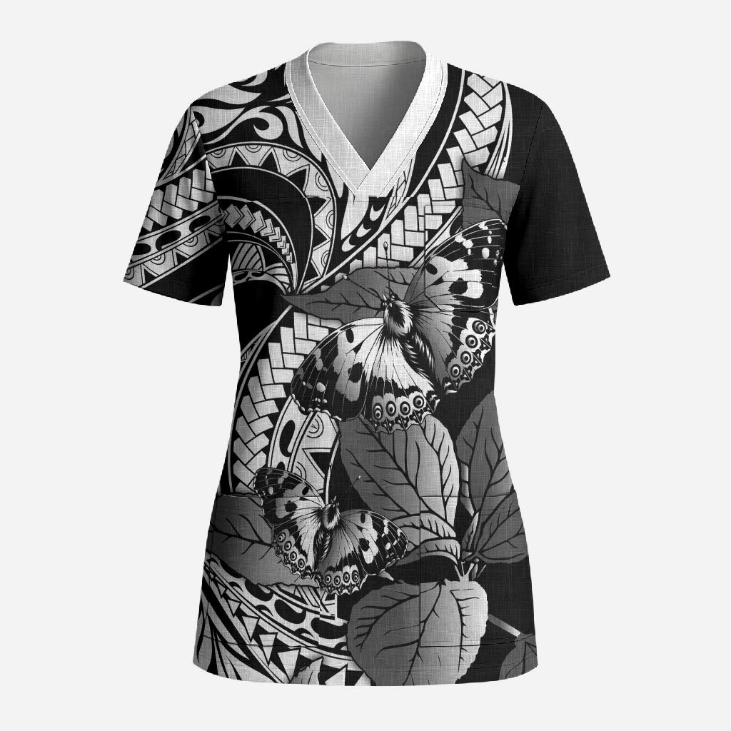Kamehameha Butterfly Hawaii Scrub Top Hawaiian Pulelehua Mamaki Black Color