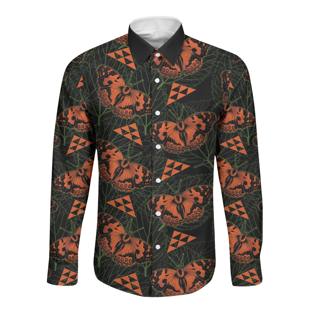 Kamehameha Butterfly Mamaki Hawaii Long Sleeve Button Shirt Pulelehua Hawaiian Kakau Seamless Style LT14 Unisex Black - Polynesian Pride