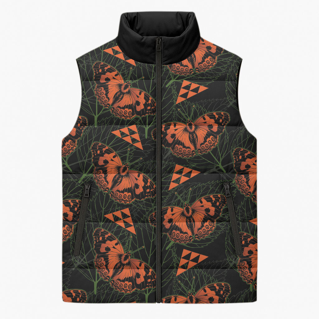 Kamehameha Butterfly Mamaki Hawaii Sleeveless Puffer Jacket Pulelehua Hawaiian Kakau Seamless Style