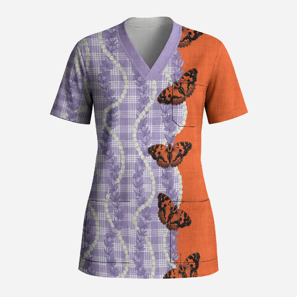 Kamehameha Butterfly Palaka Hawaii Scrub Top Pulelehua Honohono Pikake Lei