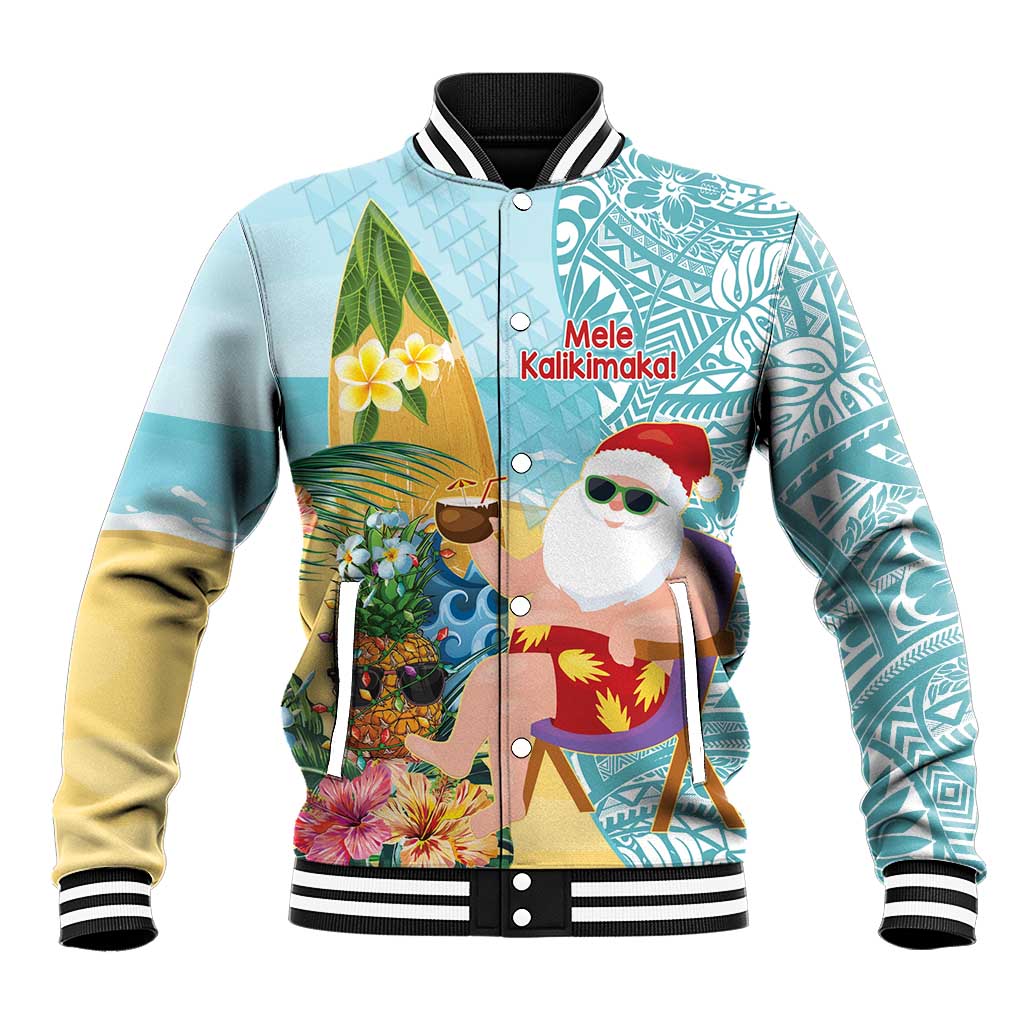 Aloha Hawaii Mele Kalikimaka Baseball Jacket Chilling Santa With Pineapple - Polynesian Pattern LT14 Unisex Cyan - Polynesian Pride
