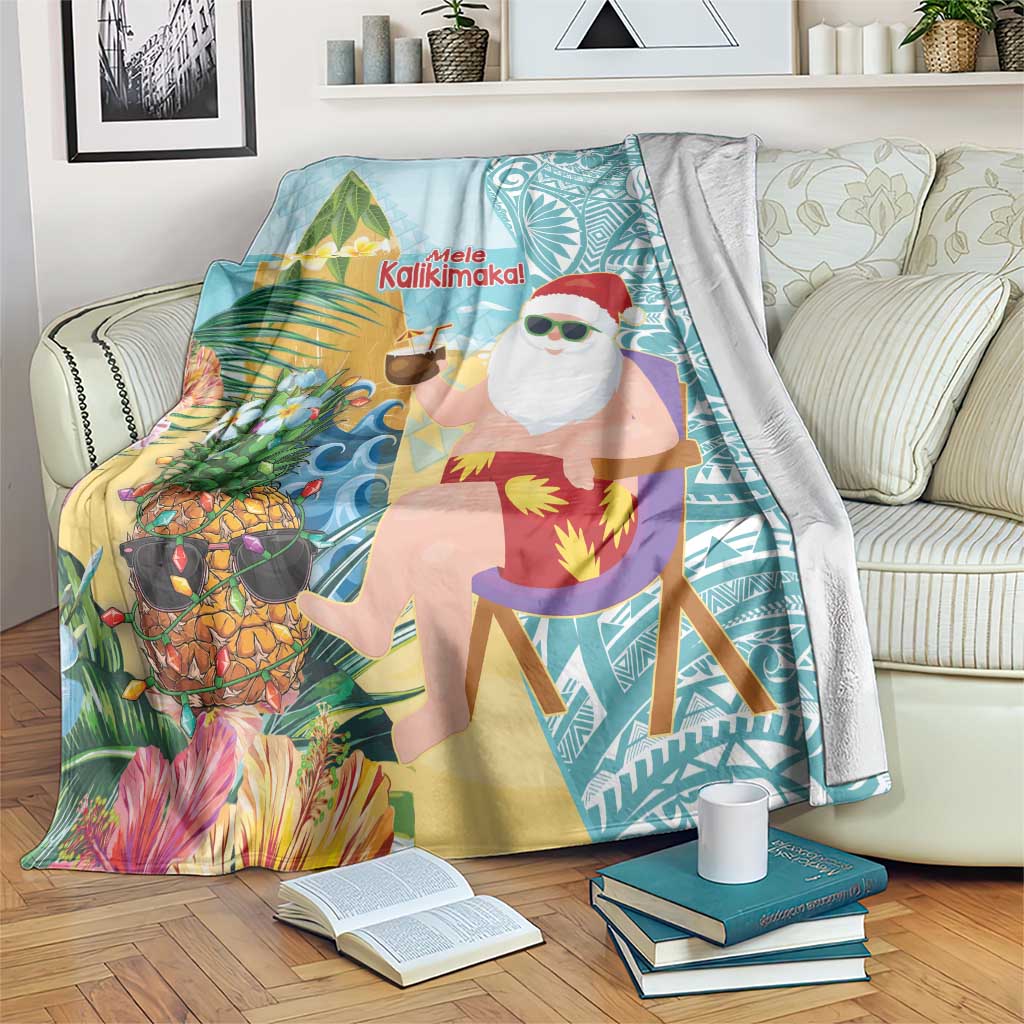 Aloha Hawaii Mele Kalikimaka Blanket Chilling Santa With Pineapple - Polynesian Pattern LT14 Cyan - Polynesian Pride