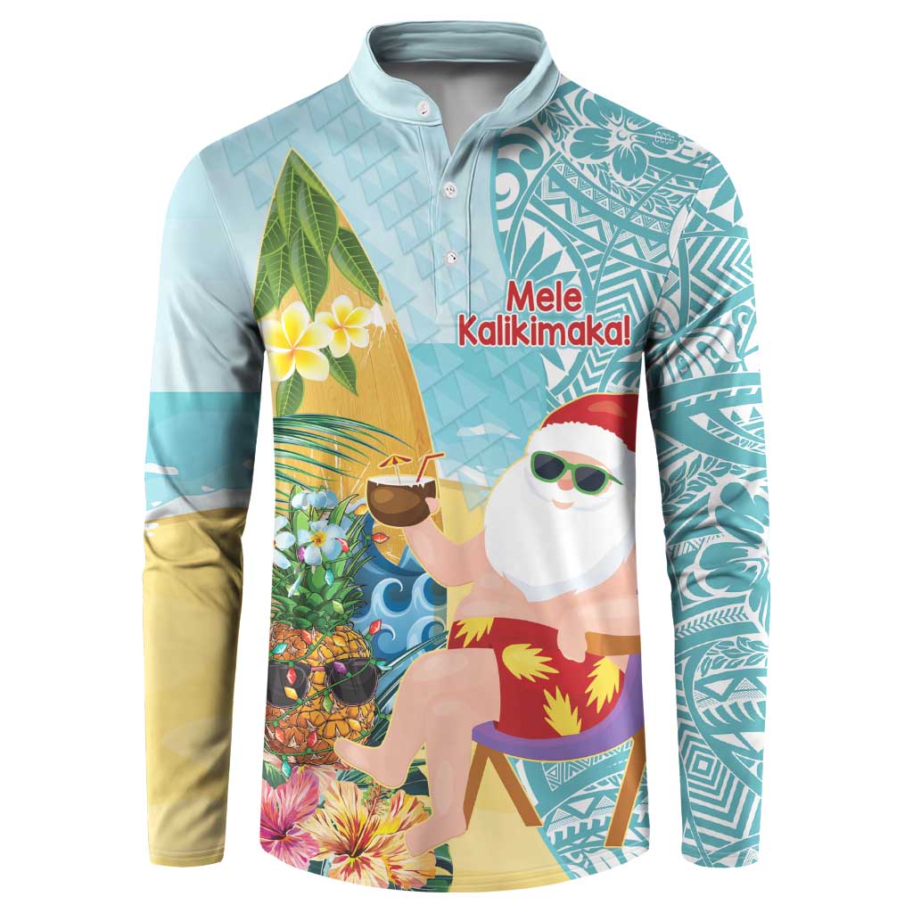 Aloha Hawaii Mele Kalikimaka Button Sweatshirt Chilling Santa With Pineapple - Polynesian Pattern LT14 Cyan - Polynesian Pride
