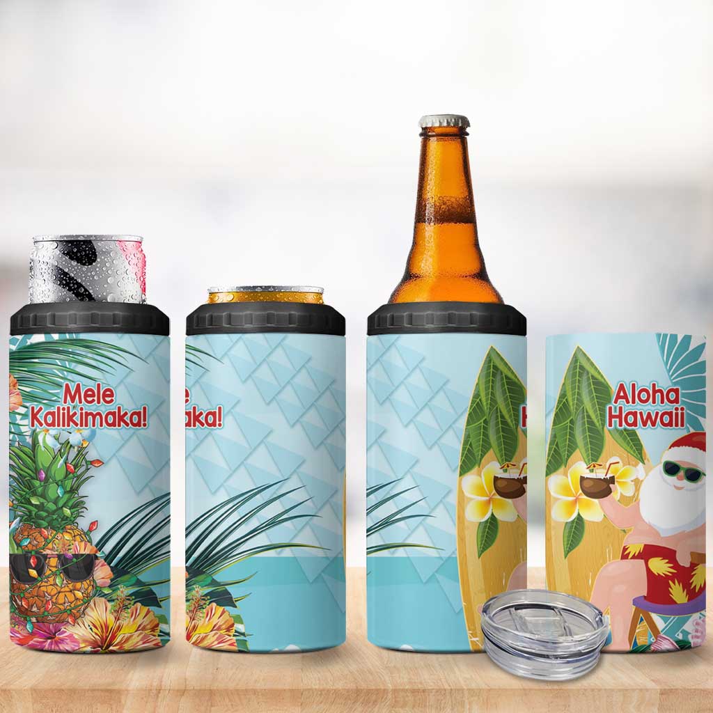 Aloha Hawaii Mele Kalikimaka 4 in 1 Can Cooler Tumbler Chilling Santa With Pineapple - Polynesian Pattern