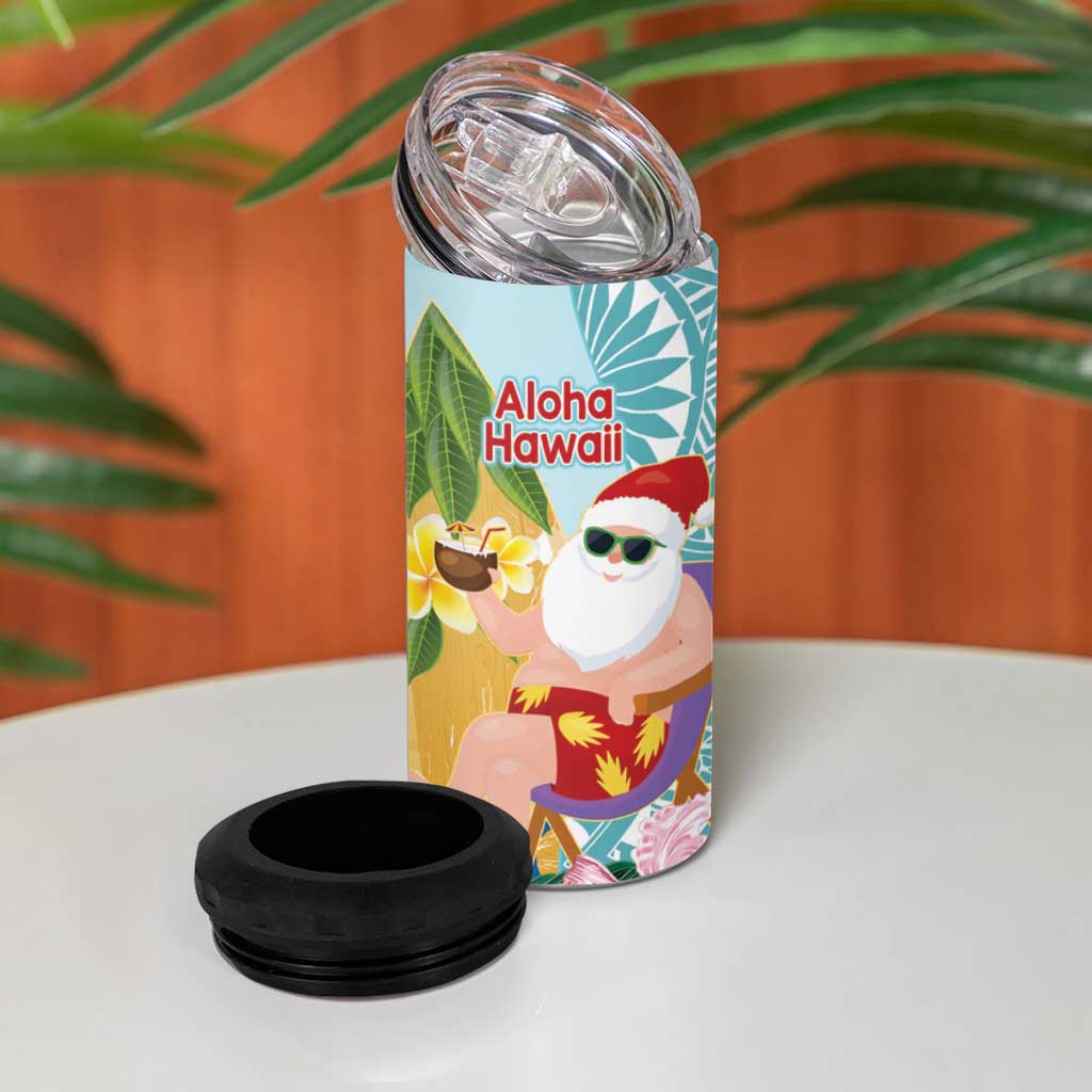Aloha Hawaii Mele Kalikimaka 4 in 1 Can Cooler Tumbler Chilling Santa With Pineapple - Polynesian Pattern