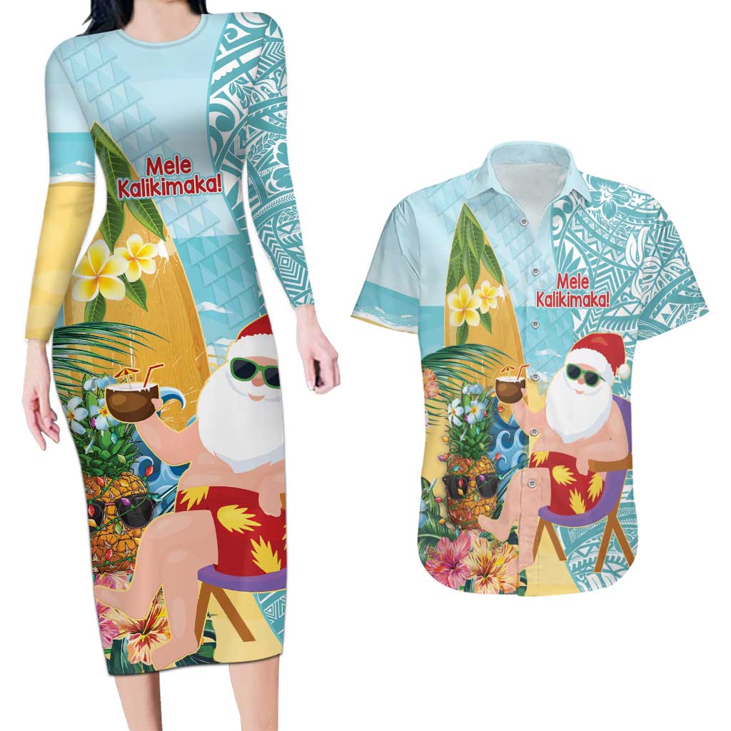 Aloha Hawaii Mele Kalikimaka Couples Matching Long Sleeve Bodycon Dress and Hawaiian Shirt Chilling Santa With Pineapple - Polynesian Pattern